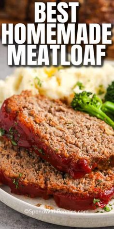 meatloaf on a plate with mashed potatoes and broccoli