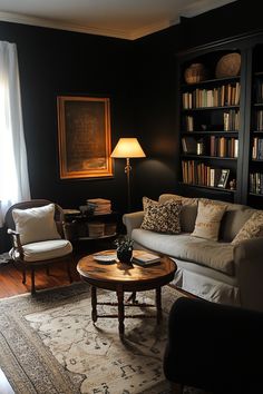 a living room filled with furniture and bookshelves