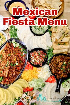 mexican fiesta menu with tortilla chips, salsa and guacamole on the side