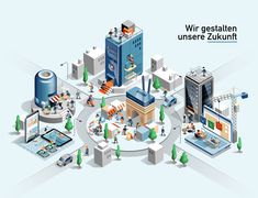 an image of a city with buildings and people around it, including the words wir gestatten unsere zuunt