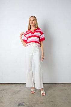 reds striped top Pink Short Sleeve Knit Top For Spring, Chic Red Knit Top For Spring, Red Knit Top For Spring, Trendy Striped Knit Top For Spring, Ribbed Short Sleeve Knit Top For Day Out, Striped Short Sleeve Knit Top For Spring, Red Vertical Stripes Tops For Spring, Red Tops With Vertical Stripes For Spring, Red Top With Striped Collar For Spring