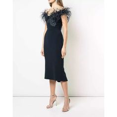 $3k Marchesa Navy Blue Ostrich Feather Beaded Off Shoulder Fluted Hem Dress Size: 8 Brand New With Partial Tag/Extra Beads. Luxury Feather Trim Dress For Evening, Luxury Feathered Formal Dress, Luxury Feathered Dress For Formal Occasions, Elegant Feather-embellished Dresses, Blue Feathered Evening Dress, Blue Feather Evening Dress, Chic Evening Midi Dress With Feather Trim, Elegant Blue Feathered Dress, Elegant Blue Dress With Feathers