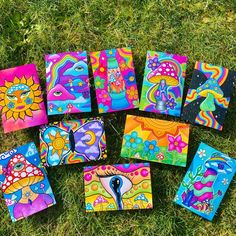 many colorful paintings are laying on the grass