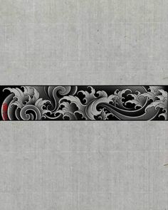 an artistic black and white design with red accents on a gray background is featured in this image