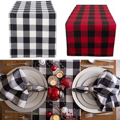 the table is set with black and white plaid napkins