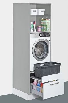 a washer and dryer are in the corner of a room with white walls