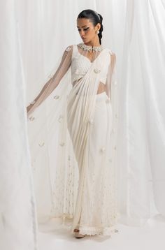 Seema Thukral-Ivory Pre-Draped Embellished Sari And Cape Set-INDIASPOPUP.COM Seema Thukral, Leaf Sleeve, Sheer Cape, Cape For Women, Cape Set, Embroidered Cape, Saree Georgette, Draped Saree, Butterfly Net