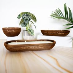 three wooden candles are sitting on a table next to a potted plant and some books