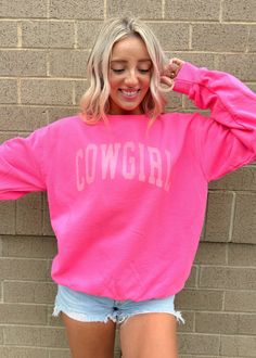 Who doesn't love combining pink and cowgirls?! We love this Cowgirl Block sweatshirt! Printed on a Neon Pink Jerzees Sweatshirt. Girl Tribe Co. proudly designs, prints and ships all of our own graphics and hats in the Girl Tribe production facility in Charlotte, NC. Girl Tribe, Sweatshirt Girl, Pink Cowgirl, Bestie Gifts, Graphic Apparel, Charlotte Nc, Custom Embroidery, Clothes Collection, Neon Pink