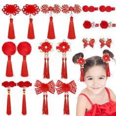 PRICES MAY VARY. Package Includes - 9 pairs of Chinese style red hair clips in different styles. The bright red color is full of Chinese New Year festive atmosphere, cute and charming, enough for your child to use and replace on a daily basis. Chinese New Year - These Chinese style hair clips for little girls have a variety of impressive and classic elements such as furry balls, porcelain floral patterns, cheongsam, Chinese knots and more, full of Chinese New Year atmosphere. Easy To Match - The Butterfly Hair Pins, New Year Hair, Chinese Style Hair, Chinese Knots, Red Hair Clips, Festival Hair Accessories, Ball Hair, New Year Hairstyle, Ball Hairstyles