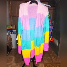 Purchased From Shein. Nwot. Knit Multi Color Cardigan. No Closure. One Pocket On Each Side. Smoke And Pet Free Home. Color Block Long Sleeve Acrylic Outerwear, Spring Multicolor Knit Outerwear, Long Sleeve Color Block Acrylic Outerwear, Multicolor Acrylic Outerwear For Layering, Cozy Color Block Cardigan For Spring, Casual Colorful Oversized Outerwear, Casual Long Multicolor Outerwear, Casual Multicolor Long Outerwear, Winter Color Block Acrylic Outerwear