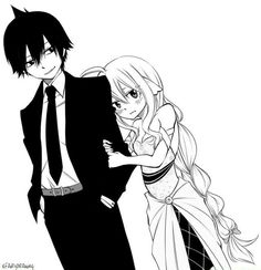 two anime characters, one in a suit and the other in a dress with long hair