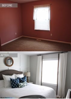 before and after photos of a bedroom with red paint on the walls, carpeted floor