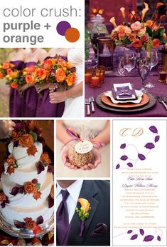 a collage of photos with orange and purple colors in the center, wedding cake on the bottom