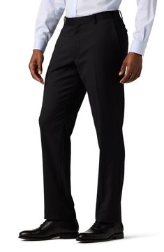 Dress to impress in these polished and practical trousers tailored from wrinkle-resistant performance fabric. 32" inseam; 15.75" leg opening; 10.125" rise (size 32x32) Zip fly with hook-and-bar closure Jetted pockets Lined Polyester/rayon blend with 2% spandex
 Dry clean Imported Business Straight Leg Elastane Pants, Business Stretch Solid Dress Pants, Business Stretch Dress Pants, Classic 4-way Stretch Pants With 5-inch Inseam, Stretch Solid Color Dress Pants For Business, Stretch Solid Dress Pants For Business, Elegant Black 4-way Stretch Dress Pants, Business Straight Leg Elastane Dress Pants, Solid Color Slim Fit Dress Pants For Business