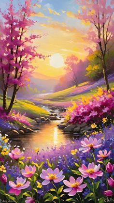 an oil painting of flowers and trees by the river at sunset with pink, yellow and purple colors