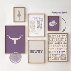 several framed pictures hang on the wall with purple and white artwork above them that says, howdy