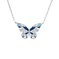 A blue butterfly is perceived as a wish-granter, if you spot one consider yourself very lucky! The Blue Morpho is the most well-known blue specimen. It has iridescent vivid blue wings with black edges and they can be as wide as 8 inches, placing the Blue Morpho among the largest butterfly in the world. This blue butterfly necklace is more on the dainty side though: it is a bit under 1 inch wide and half an inch high. It makes for a perfect everyday necklace that can be layered with other longer Blue Butterfly Sterling Silver Jewelry, Nickel-free Blue Necklace - Perfect Gift, Blue Nickel-free Necklace As Gift, Blue Nickel-free Necklaces As Gift, Nickel-free Blue Necklace Perfect For Gifts, Elegant Blue Butterfly Jewelry, Nickel Free Blue Necklace For Gift, Blue Butterfly Jewelry With Butterfly Print, Blue Butterfly Necklace For Gifts