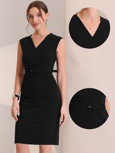 Shop Allegra K for sheath sleeveless v neck business office belt pencil dress you are looking for, get more women's dresses for yourelf. Order now! Free Returns! Elegant Fitted Belted V-neck Dress, Black V-neck Sleeveless Dress For Work, Sleeveless Belted Work Dress, Elegant Belted Sleeveless Dress For Work, V-neck Office Lady Dress For Business Casual, Knee-length V-neck Dress For Office, Belted Business Dresses For Office, Belted Office Lady Dress For Business, Black Knee-length V-neck Office Dress