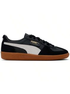 PUMA 
Black Palermo Leather Sneakers 
Low-top suede and grained faux-leather sneakers in black. 
. Lace-up closure 
. Logo embossed at tongue 
. Padded collar 
. Logo flag at outer side 
. Suede formstrip at sides 
. Logo stamp at heel tab 
. Buffed faux-leather lining 
. Logo embossed at textured rubber midsole 
. Treaded rubber sole 
Supplier color: PUMA Black/Feather Gray/Gum 
Upper: leather, synthetic. Sole: rubber. 
Made in Viet Nam. 
242010M237028 
Black Palermo Leather Sneakers default Casual Athletic Shoes, Leather Sneakers Men, Sneakers Puma, Casual Athletic, Black Feathers, Logo Stamp, Outdoor Shoes, Kids Beachwear, Palermo