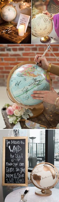 a person holding a pen and writing on top of a globe with flowers around it