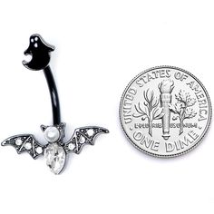 Clear Gem Black Ghost Vampire Bat Halloween Double Mount Belly Ring Start your Halloween shopping with a little treat for yourself with this 14 gauge navel jewelry with tons of holiday spirit. Made with a 3/8" black PVD over 316L surgical grade stainless steel curved barbell, this navel piercing features a black ghost top charm and a vampire bat bottom charm set with clear gems and a white orb for very spooky style.Specifications14 Gauge (1.6mm), 3/8" (10mm), Black PVD over 316L Surgical Grade S Gothic Piercings For Halloween Gift, Black Piercings For Halloween Gift, Halloween Silver Body Jewelry Gift, Silver Body Jewelry For Halloween, Edgy Halloween Jewelry For Costume Party, Adjustable Silver Body Jewelry For Halloween, Gothic Adjustable Body Jewelry For Halloween, Adjustable Gothic Body Jewelry For Halloween, Black Ghost