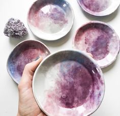 some purple and white bowls with text overlay reading gems of gypy bali sunrise smudge bowl