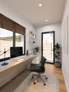 a room with a desk, chair and television on it in front of large windows