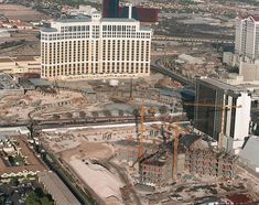 an aerial view of the las vegas strip and surrounding skyscrapers, including hotel buildings