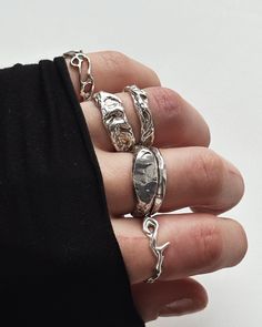 The full collection of whimsical rings ʼKrakozʼ is available in this list https://spiritualshimaya.etsy.com/listing/1836344520 The Basic Rings line -- thin, middle, and chunky bands of organic cast -- is available in the list at the link https://spiritualshimaya.etsy.com/listing/1687515593 The collection "One of a Kind Rings" that I created as unique, one-of-a-kind pieces is available at this link https://www.etsy.com/shop/SpiritualSHIMAYA?section_id=50970096 More the ʼSilver Funky Ringsʼ is her Stacking Silver Rings, Unique Silver Rings For Women, Ring Stacking Silver, Silver Ring Inspiration, Stacked Silver Rings, Ring Stacks Silver, Grunge Rings Aesthetic, Chunky Ring Stack, Chunky Silver Ring