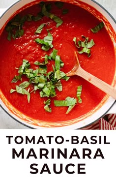 tomato basil marinara sauce in a white pot with a wooden spoon and text overlay