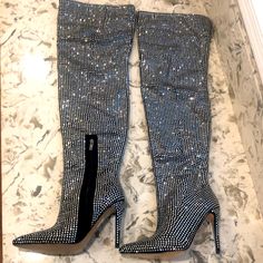 Plt Diamante Over The Knee Suede Boots Womens Size 6uk / 8 Us Rhinestone Boots Glamorous Boots With Silver Studs For Night Out, Glamorous Silver-studded Boots For Night Out, Luxury Silver Boots For Night Out, Glamorous Party Boots With Silver Studs, Silver Pointed Toe Boots With Rhinestones, Silver Embellished Boots For Night Out, Silver Sparkling Boots For Formal Occasions, Glamorous Formal Boots With Silver Studs, Glamorous Evening Boots With Silver Studs