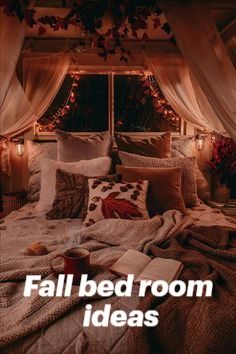 an image of a bedroom setting with the words fall bed room ideas written on it