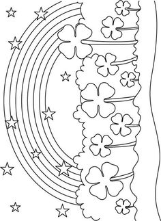 a coloring page with shamrocks, stars and a rainbow