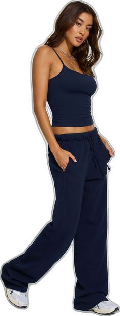 Casual Activewear Long Pants For Relaxation, Casual Long Pants Activewear For Relaxation, Navy Athleisure Sweatpants For Loungewear, Casual Wide Leg Activewear For Relaxation, Navy Pants With Elastic Waistband For Loungewear, Navy Cotton Joggers For Loungewear, Navy Elastic Waistband Pants For Loungewear, Comfortable Sweatpants With Pockets For Relaxation, Comfy Leisure Sweatpants