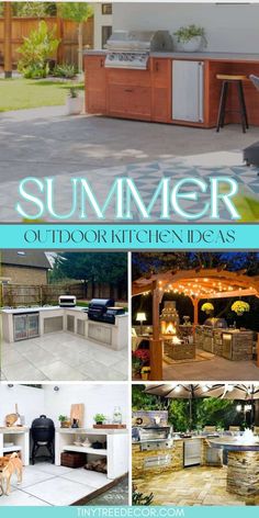 an outdoor kitchen is featured in this magazine with pictures of it and the words summer outdoors kitchen ideas