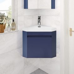 a white and blue bathroom sink sitting next to a toilet paper dispenser