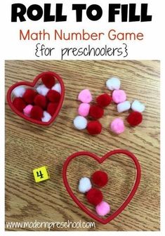 valentine's day roll to fill math game for preschoolers with hearts and dices