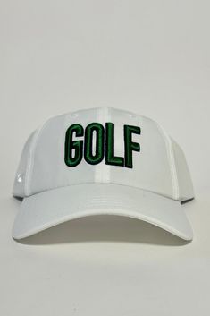 Golf Hat Color: White hat with Green+Navy text Performance Tri Tech Moisture Wicking Unique Four-Way Stretch Sweatband Pukka White Snapback Visor Hat With Letter Print, White Letter Print Snapback Visor Hat, White Letter Print Visor Snapback Hat, White Hats For Spring Sports Events, White Embroidered Logo Baseball Cap, White Sports Hat With Embroidered Logo, White Hats With Embroidered Logo For Sports Events, White Sporty Snapback Hat For Spring, White Trucker Hat With Letter Print Visor