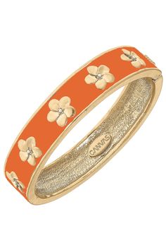 Alana Hibiscus Enamel Hinge Bangle in Orange - Canvas Style Bangle Diamond, Resort Chic, Enamel Bangle, Enamel Bracelet, Gameday Outfit, Bold And Beautiful, Hinged Bangle, Enamel Jewelry, Gold Details