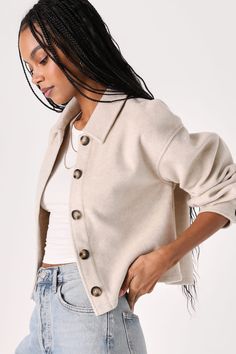 Beige Cropped Shacket - Beige Outerwear - Beige Cropped Jacket - Lulus Everyday Soft Knit Button-up Outerwear, Chic Collared Sweater For Fall, Chic Collared Fall Sweater, Cozy Outerwear With Soft Texture For Fall, Cozy Winter White Outerwear For Everyday, Soft Texture Outerwear For Fall, Trendy Cream Soft Knit Outerwear, Winter Beige Shacket With Long Sleeves, Fall Outerwear With Soft Texture For Everyday