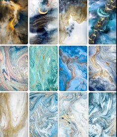 many different marbles are shown in this collage with blue, gold and white colors