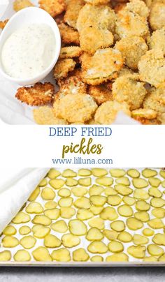 deep fried pickles with dipping sauce on top and in the background, there is a white plate full of them