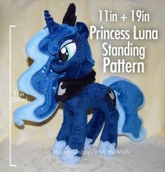 a blue pony stuffed animal sitting on top of a white surface with the words princess luna standing pattern below it