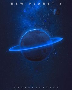 an image of a planet with blue lights in the dark sky and stars around it