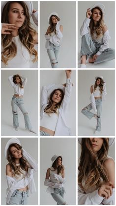 a collage of photos showing the different poses of a woman in white shirt and jeans