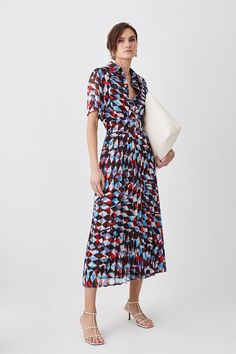 Geo Georgette Woven Midi Shirt Dress Multicolor A-line Dress For Work, Multicolor Short Sleeve Chic Shirt Dress, Chic Multicolor Short Sleeve Shirt Dress, Chic Multicolor Maxi Dress For Work, Multicolor Midi Length Shirt Dress, Multicolor Pleated Short Sleeve Dresses, Multicolor Knee-length Midi Dress For Work, Multicolor Fitted Shirt Dress For Work, Fitted Multicolor Shirt Dress For Work