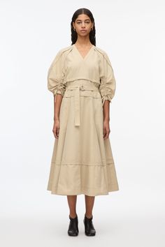 V-Neck Dress with Gathered Sleeves – 3.1 Phillip Lim Womens Pants Design, Godet Skirt, Knit Tank Dress, Combo Dress, Dress Guide, Gathered Sleeves, Denim And Lace, Poplin Dress, Romantic Dress