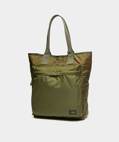 Porter Yoshida & Co. Force Tote Bag in Olive Utility Khaki Bag With Pockets, Khaki Utility Bag With Pockets, Khaki Utility Bag With Functional Pockets, Military Style Nylon Bags For Everyday Use, Military Style Bags With Multiple Pockets For Everyday Use, Military Bags With Multiple Pockets For Everyday Use, Khaki Bag With Functional Pockets For Daily Use, Khaki Bags With Functional Pockets For Daily Use, Military Style Everyday Bag With Pockets