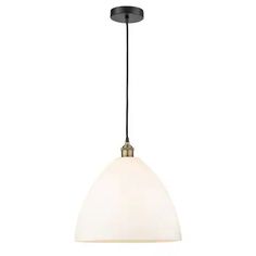 a white light hanging from the ceiling with a black cord and an oval glass shade